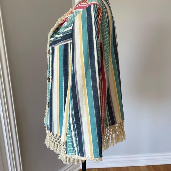 Multiples striped tassel fringe bohemian look open front jacket in a size large - Picture 5 of 16